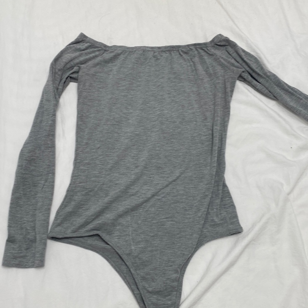 Prettylittlething off the shoulder gray body suit